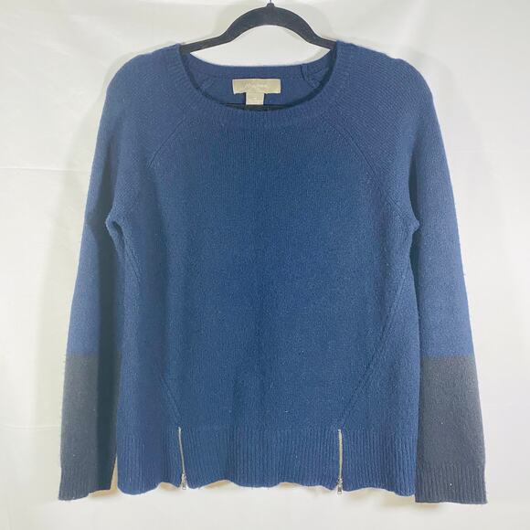 Ply Cashmere Navy Black Color Block Pullover Sweater Zipper Detail Medium - Picture 1 of 6